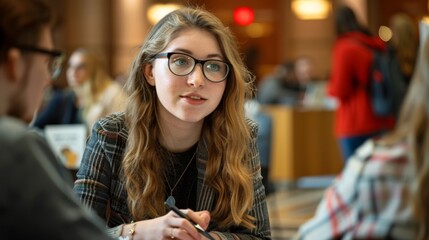 Young Woman with Glasses Taking Notes.