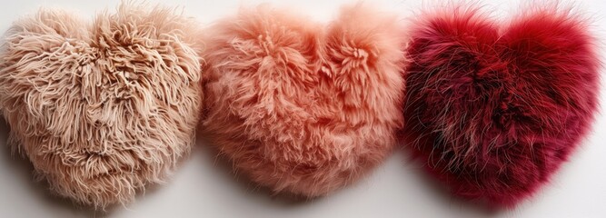 3 set of pink and red heart shape fluffy fur isolated on white background