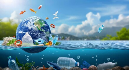 A planet Earth with plastic bags floating in the ocean, showing environmental pollution and global impact concept.