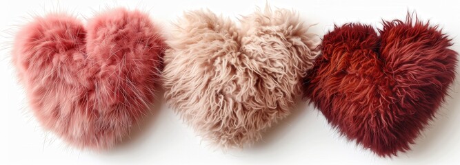 3 red and pink hearts made of fur isolated on white background
