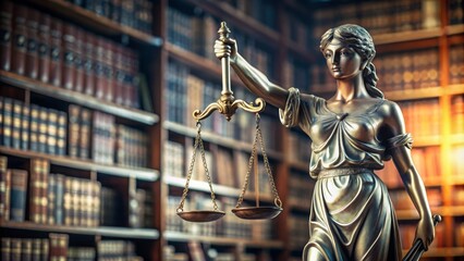 Fototapeta premium Statue of Justice holding scales and sword in library setting, justice, scales, sword, law, legal, blindfolded, balance, equality