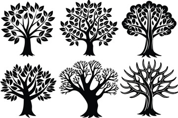 Six Black and White Stylized Tree Silhouettes