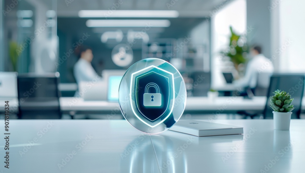 Poster a shield with security icons floating above an office setting