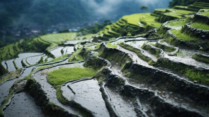 Naklejka premium A close-up shot of a single terraced rice paddy, capturing the intricate details of the water droplets, the delicate rice plants, and the weathered stones that form the terraces.