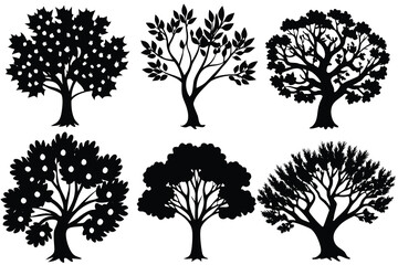 Black and White Silhouettes of Six Different Trees