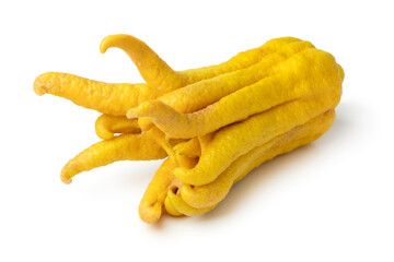 Single ripe Buddha's fingers, citrus medica, isolated on white background close up