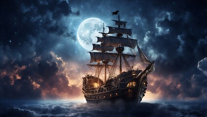 Fototapeta premium Pirate ship flying in the night sky