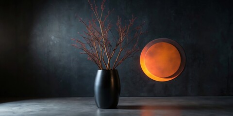 Dark vase with branches and bold orange circle in modern minimalist abstract artwork, dark, vase, branches, bold