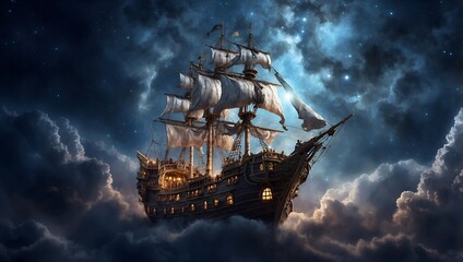 Fototapeta premium Pirate ship flying in the night sky