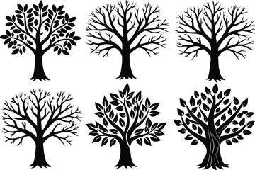 Obraz premium Six Black Silhouettes of Trees with Variations in Foliage