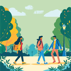 Fototapeta premium Two young adults walking through park wearing casual clothes. Characters enjoying stroll among trees, nature environment, daylight. Animated people autumn park scene, colorful foliage, lamppost