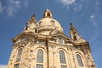 Fototapeta premium Frauenkirche church and clock tower at Neumarkt in Dresden, Germany