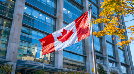 Canada national flag and government building with skyscrapers.