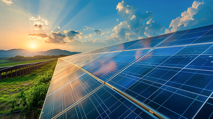 Solar farm, Solar cells panels and wind turbines for electricity alternative renewable energy on top of mountain. .