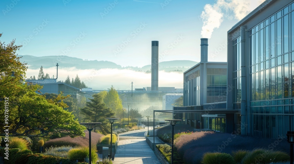 Wall mural modern office building with foggy mountain view.