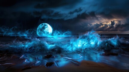 A large blue moon is floating above the ocean waves