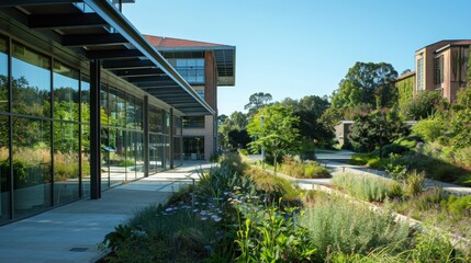 Modern Building With Greenery And Walkway.