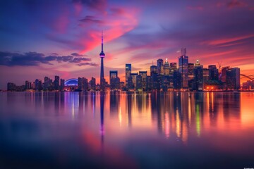 Obraz premium A scene of city skyline reflection on the river during twilight. Generative AI