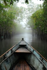 Fototapeta premium Rowboat Journey Through a Misty Forest.