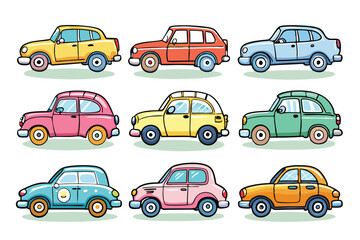 A Collection of Nine Cartoon Cars in Various Colors