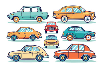 Cartoon Illustration of Seven Vintage Cars in Different Colors