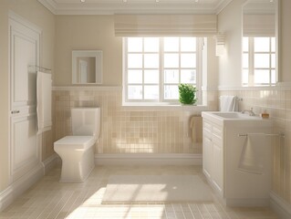 Toilet and sink in the interior design of a modern bathroom in beige tones.