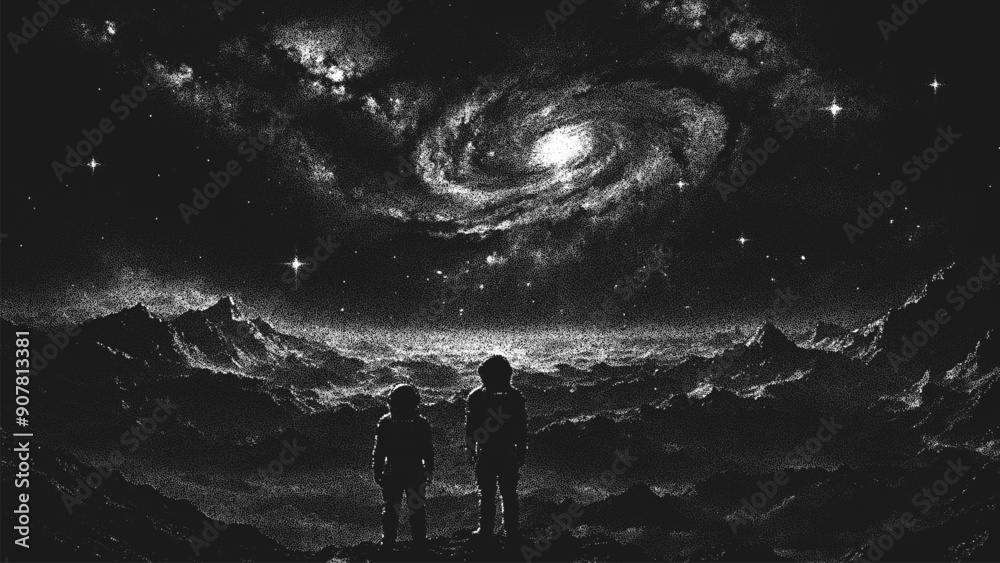 Aufkleber Two astronauts on the edge of a cliff admire the breathtaking space landscape. Deep space science fiction background in stippling style. Dotwork. Pointillism. Shading using dots. Vector illustration