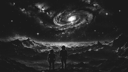Two astronauts on the edge of a cliff admire the breathtaking space landscape. Deep space science fiction background in stippling style. Dotwork. Pointillism. Shading using dots. Vector illustration © 3d_kot