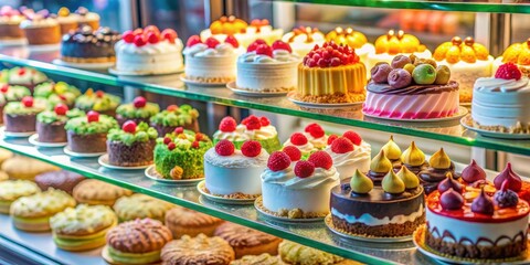Colorful and inviting bakery cake display with delicious and decorated cakes , bakery, cakes, sweets, celebration
