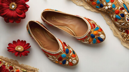 Traditional jutti shoes with embroidery and crystals. Handmade Punjabi jutti, Indian embroided shoes, close up