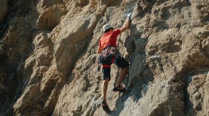 Fototapeta premium A man is climbing a rock wall wearing a red shirt and black shorts. He is wearing a helmet and has a rope attached to him