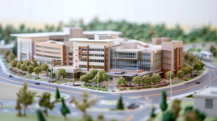 Generate a photo realistic image of a maquette illustrating a healthcare facility with hospitals, medical offices, and patient care units; ensure the image is of high resolution for clear