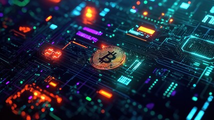 Obraz premium Bitcoin on a Circuit Board