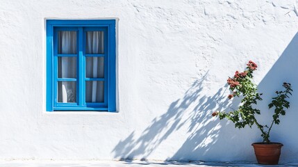 A plain blue shuttered window on a white wall in Naxos Greece
