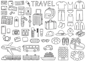 旅行と荷物にまつわる線画イラスト
