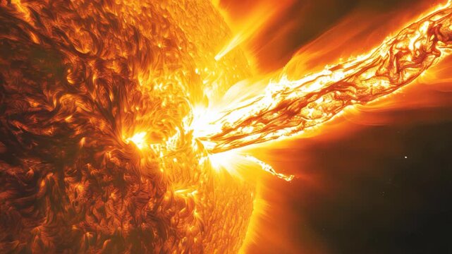 Close-up of a coronal mass ejection (CME) bursting from the sun's surface, displaying intense solar activity and fiery plasma. concept of space weather and solar phenomena
