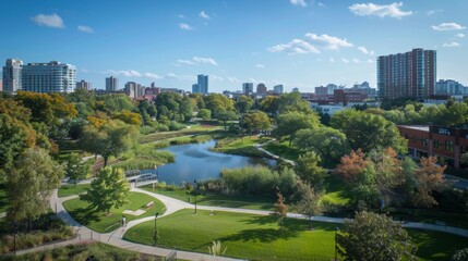 Obraz premium Urban Park with Pond and Skyline.