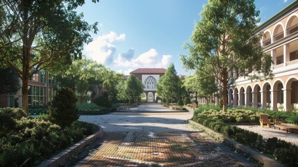 Obraz premium Cobblestone Pathway Leading to a Grand Courtyard.