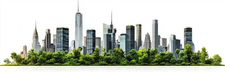 Fototapeta premium White background, panoramic view of the city's skyline, with buildings made up only of black