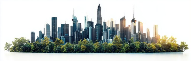 Obraz premium Cinematic side view of an extremely tall city skyline made from black plastic with green trees