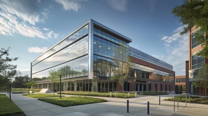 Obraz premium Modern Office Building with Glass Facade and Landscaping.
