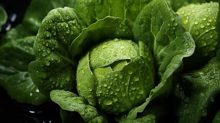 Fototapeta premium Close up of a fresh cabbage, macro photography, leafy textures, front view from above, studio lighting.
