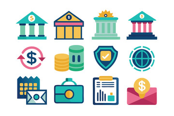 Obraz premium Set of Flat Color Icons Related to Banking and Finance