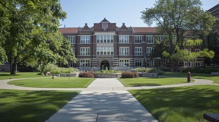 Brick Building with Green Grass and Pathway.