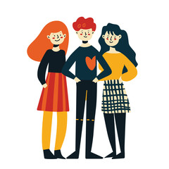 Three young friends standing together, two females one male, smiling, casual attire. Characters showcasing strong friendship, trendy clothing, vibrant colors, joyful expressions. Man flanked women
