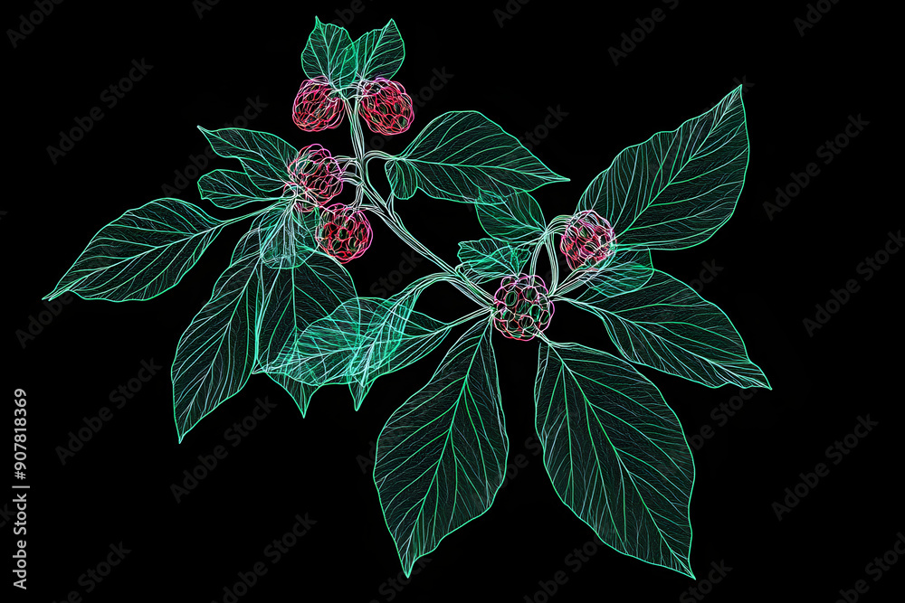 Wall mural neon wireframe loganberry plant isolated on black background.