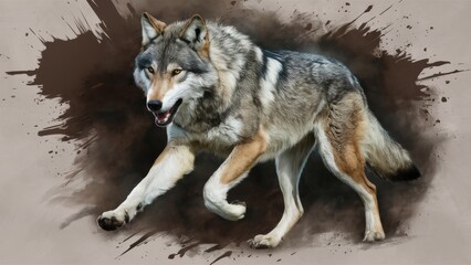 Fototapeta premium A painting of a wolf running on the ground with splatter, AI
