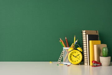 Back to school concept featuring colorful pencils, yellow alarm clock, notebooks, and stationery on a white desk against green background