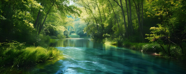 Obraz premium Tranquil River Flowing Through Lush Green Forest Photo