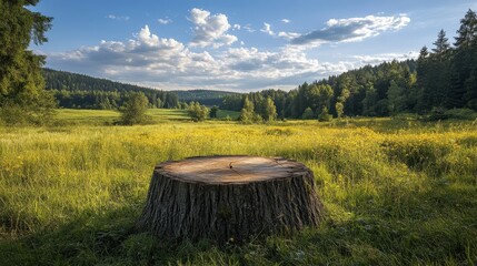 Tree stump podium in a serene meadow with a distant forest and blue sky